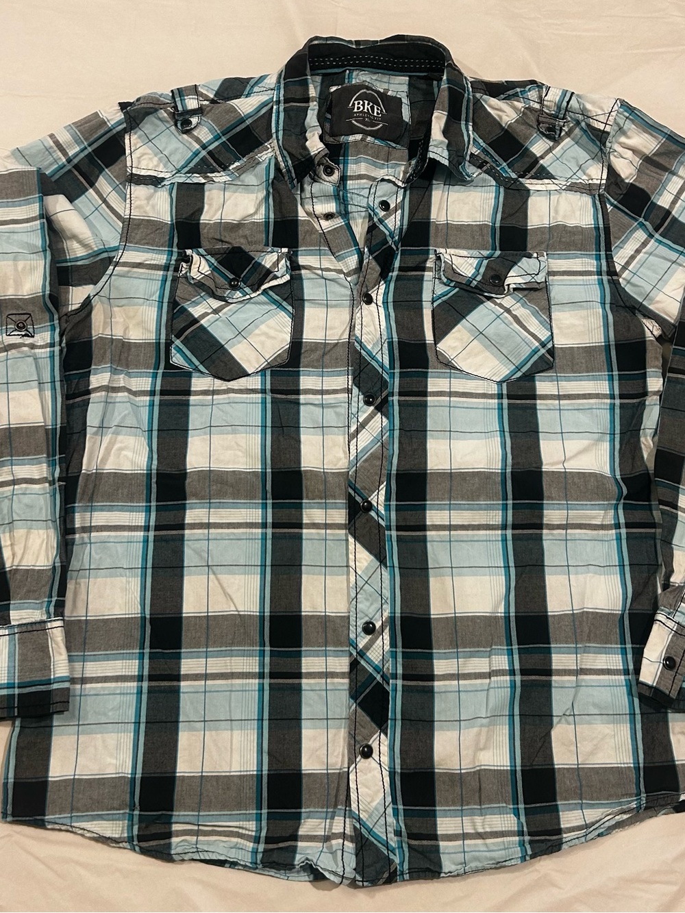 BKE Buckle Men's XL Plaid Western Snap Button Up Shirt Teal Gray
